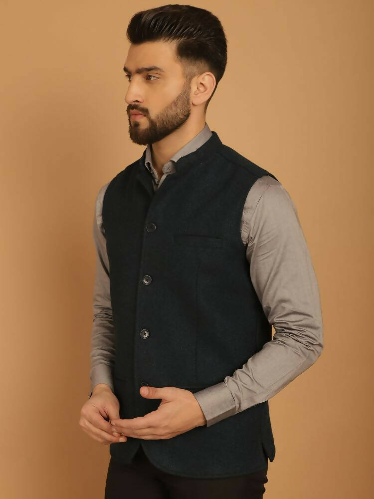 Even Apparels Pure Wool Nehru Jacket - Green | Grocsy