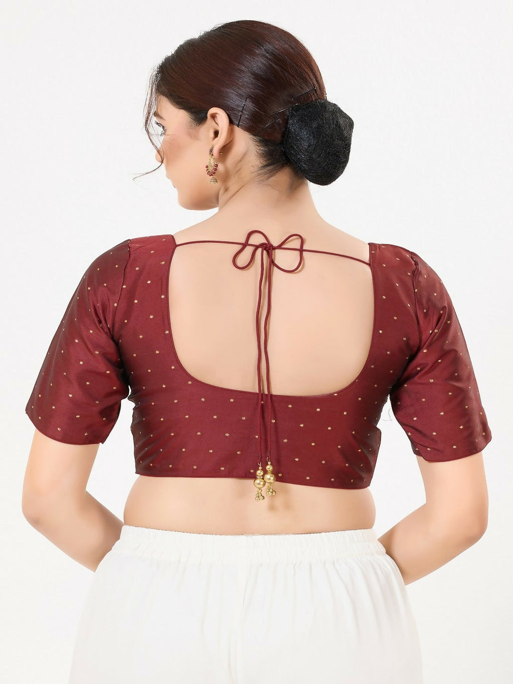 Joban Fashion Dark-Maroon Taffeta Silk Elbow Sleeveless Front Open Blouse | Grocsy