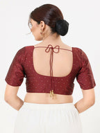 Joban Fashion Dark-Maroon Taffeta Silk Elbow Sleeveless Front Open Blouse | Grocsy