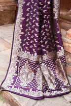 Joban Fashion Plum Purple Hand Woven & Zari Work Katan Pure Handloom Banarasi Silk Saree | Grocsy