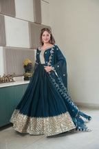 Teeya Creation Teal Color Heavy Crush Silk Wedding Wear Embroidery Work Long Gown | Grocsy