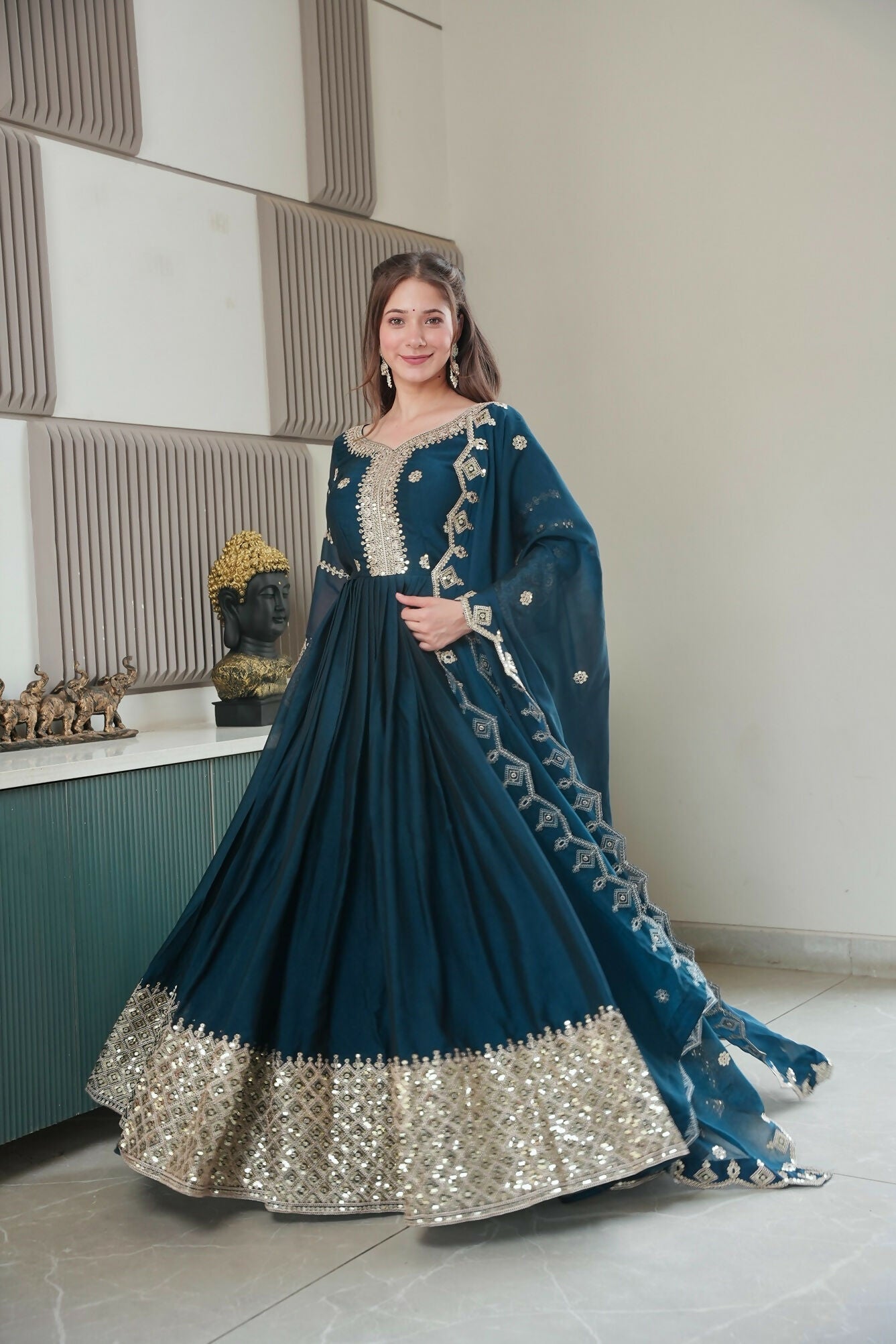 Teeya Creation Teal Color Heavy Crush Silk Wedding Wear Embroidery Work Long Gown | Grocsy