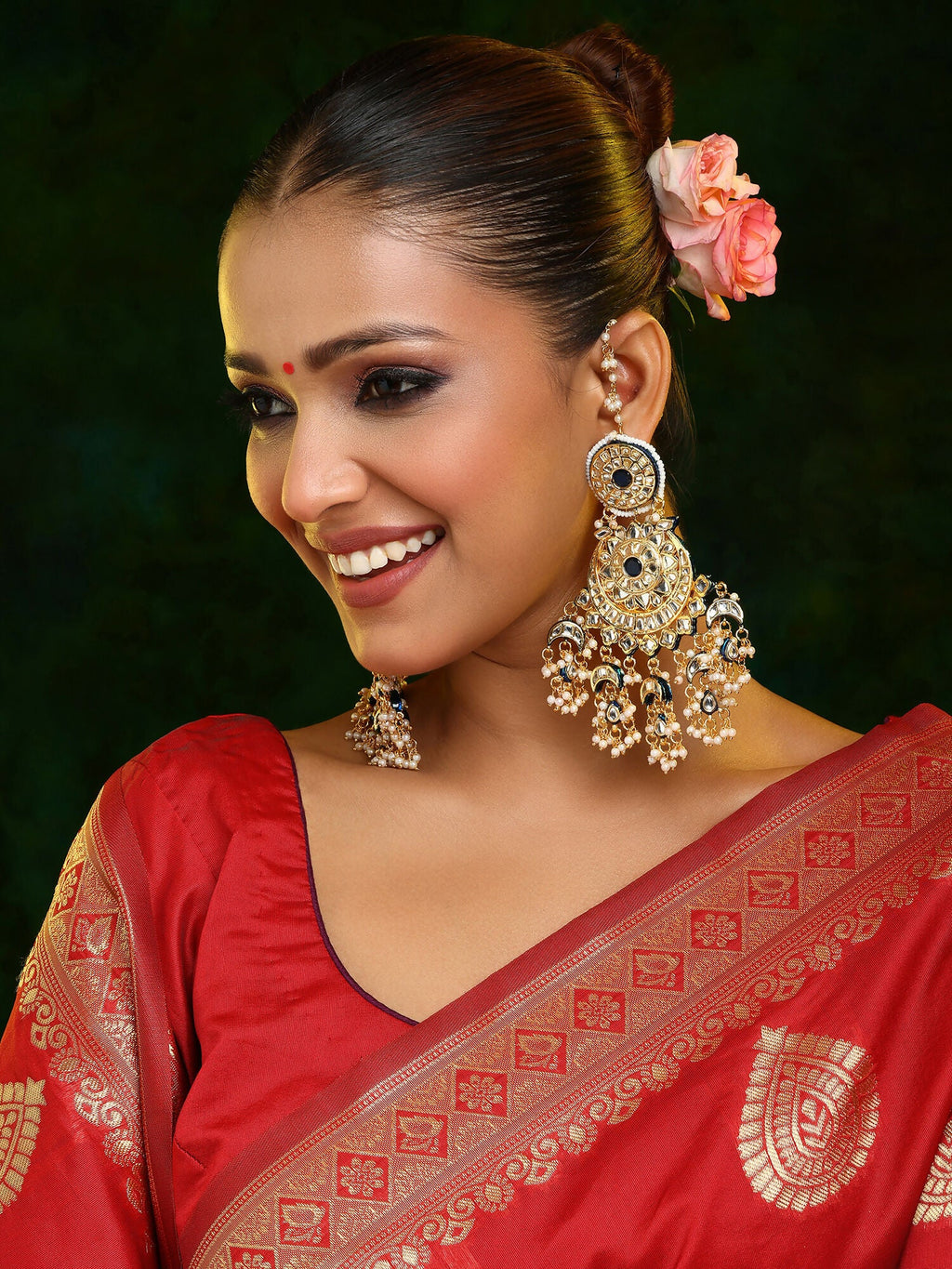 Ruby Raang 22k Gold Polished Kundan Chand Earrings With Ear Chains | Grocsy