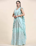 Sky Blue Pure Viscose Georgette Thread With Sequins Embroidery Work Lehenga Choli With Dupatta - Tanya | Grocsy