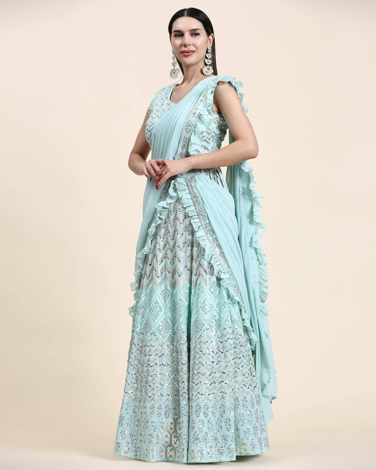 Sky Blue Pure Viscose Georgette Thread With Sequins Embroidery Work Lehenga Choli With Dupatta - Tanya | Grocsy