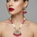 Jewel City Long Pearl Mala Golden Rainbow Diamond Studded Jumkee Tikka Necklace Set | Grocsy