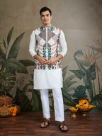Vastranavya White Exclusive Festival Viscose Silk Thread & Swarovski Embroidered Work Mens Wear Kurta & Koti | Grocsy