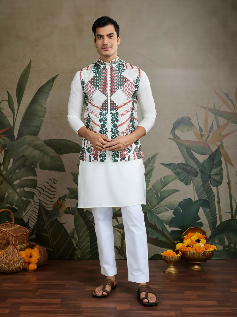 Vastranavya White Exclusive Festival Viscose Silk Thread & Swarovski Embroidered Work Mens Wear Kurta & Koti | Grocsy