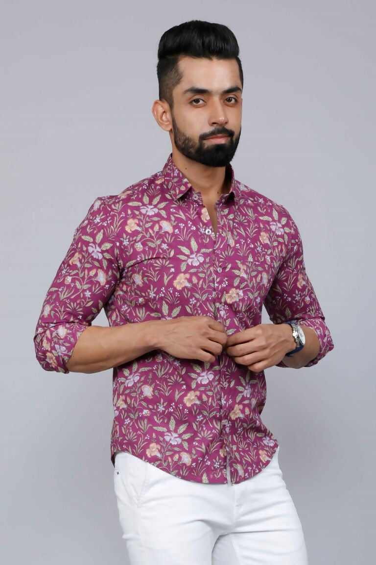 Miravan Men's Purple Comfort Foral Printed Casual Cotton Shirt | Grocsy