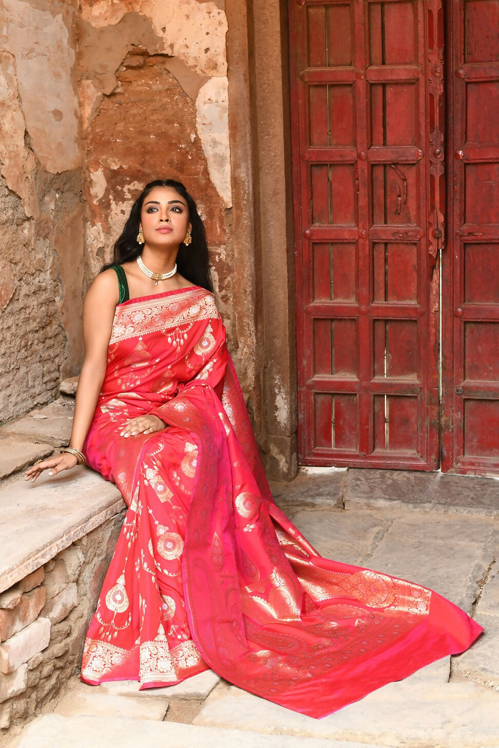 Joban Fashion Red Soft Pure Handloom Banarasi Silk Saree | Grocsy