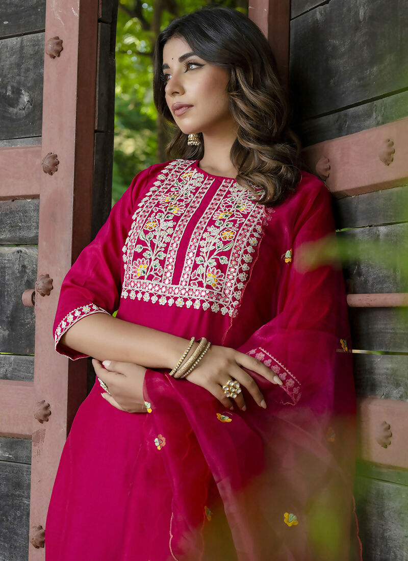 Vellora Rani Rose Silk Blend Embroidery Work Ready Salwar Set | Grocsy