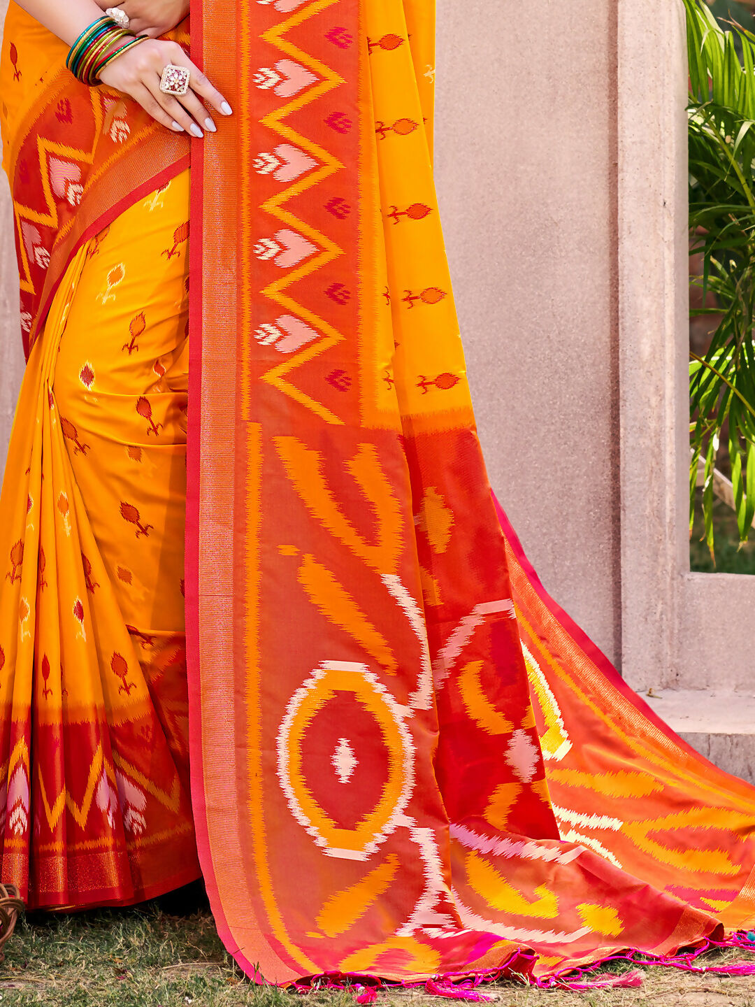 Shree Shyam Fashion Yellow Pochampally Silk Saree | Grocsy