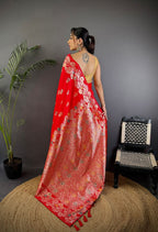 Elora Red Soft Silk Floral Zari Weaving Meenakari Saree With Floral Border | Grocsy
