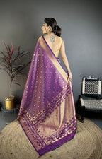 Elora Purple Banarasi Soft Silk Checked Body With Floral Motifs South Pattu Saree | Grocsy