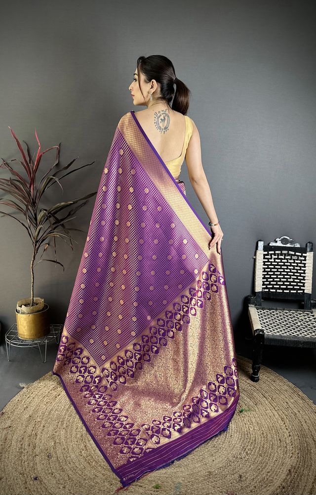 Elora Purple Banarasi Soft Silk Checked Body With Floral Motifs South Pattu Saree | Grocsy