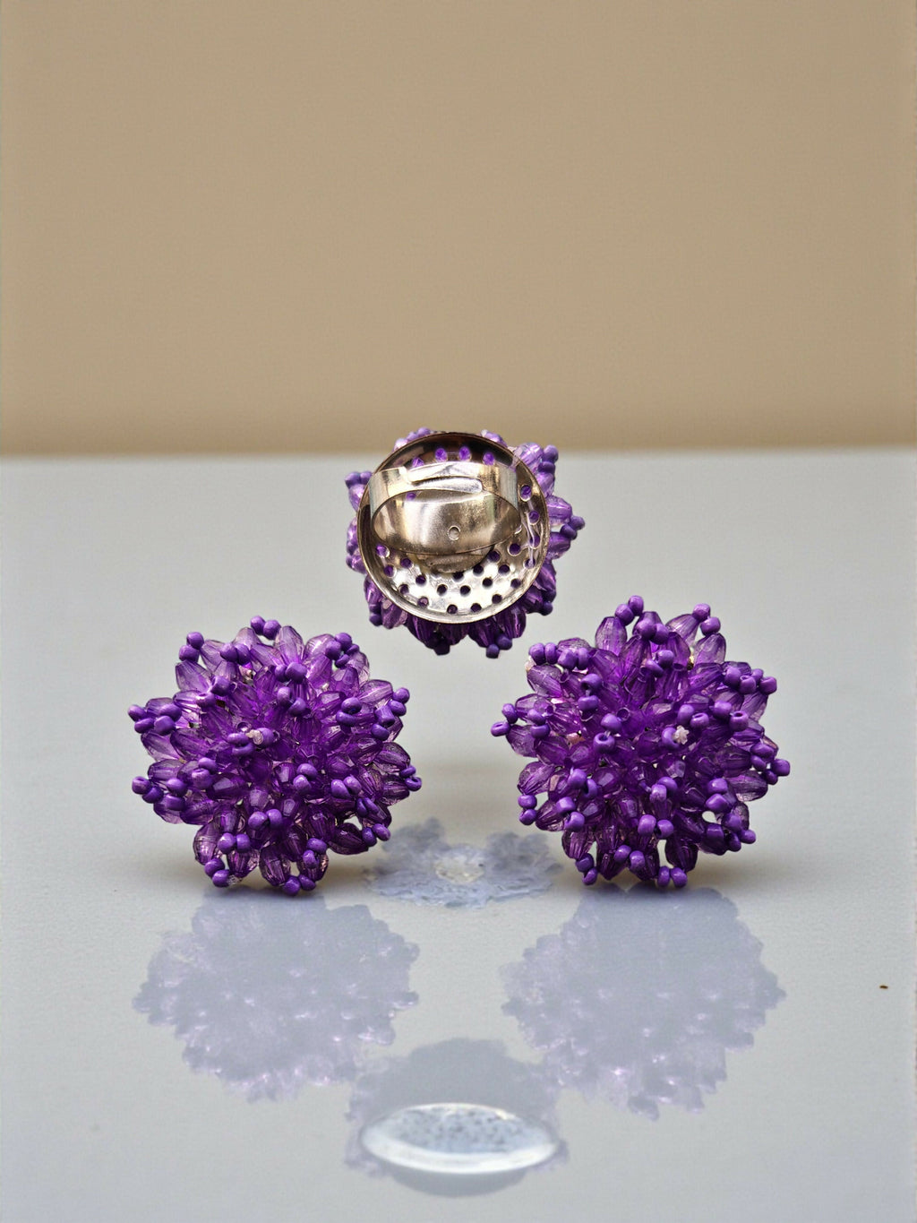 Inhanns Rangmani Crystal Duo – Adjustable Ring + Statement Earrings Set - Purple | Grocsy
