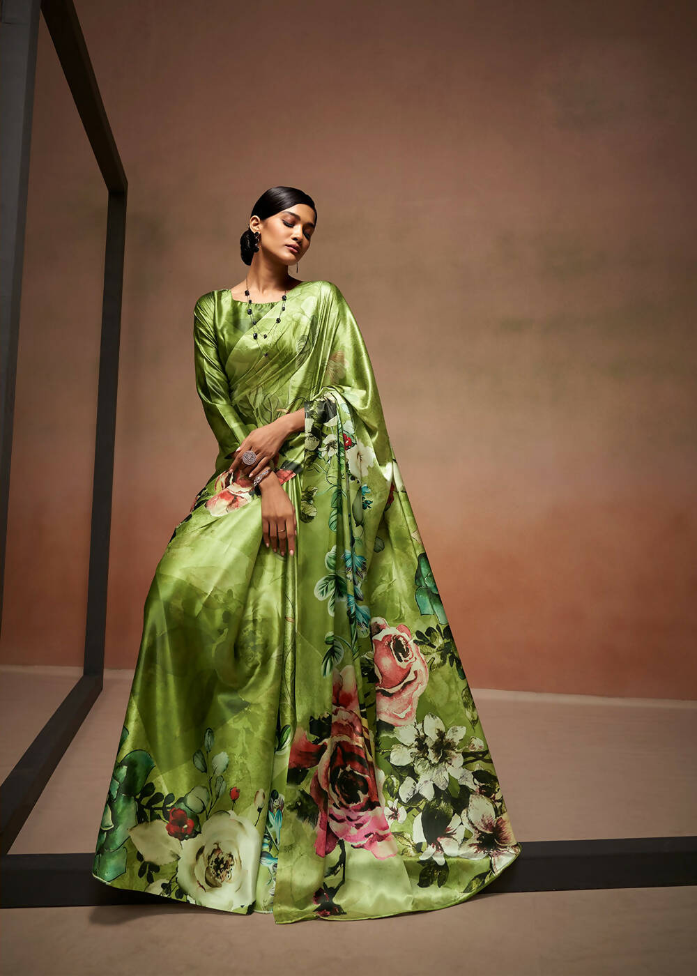 Green Satin Digital Printed Saree with Unstitched Blouse Piece - Jodha | Grocsy