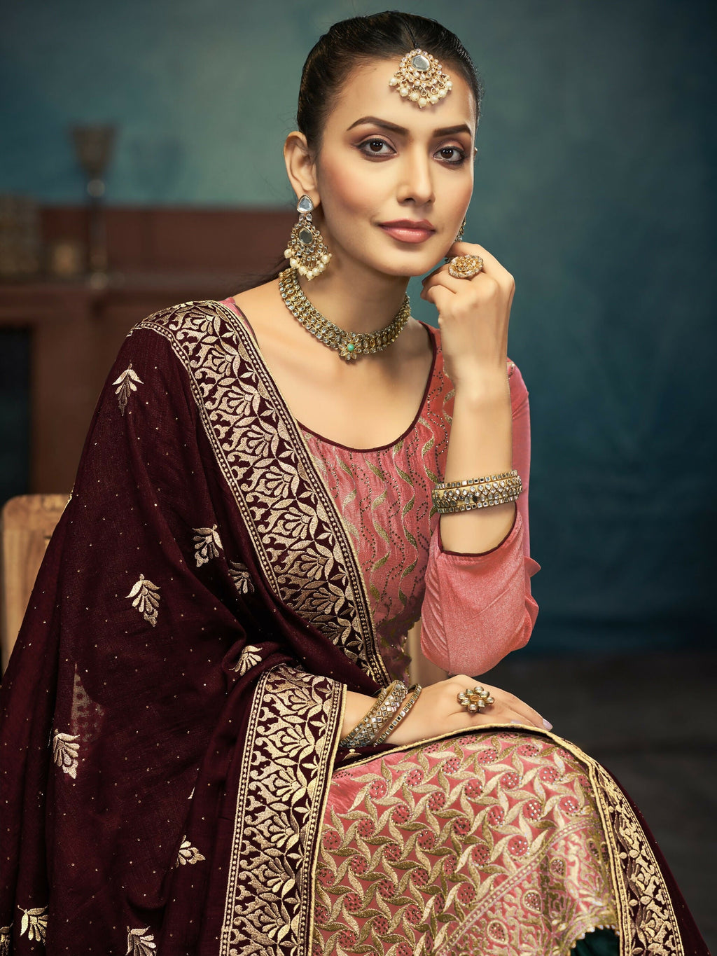 Anaita Peach Premium Embroidered with servos waki diamond Vichitra Silk Stitched Salwar Suit | Grocsy