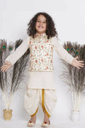Little Bansi Banarsi Floral Embroidery Jacket Wth Cotton Kantha kurta And Kantha Dhoti - Cream | Grocsy