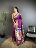 Joban Fashion Magenta Peacock & Floral Motifs Soft Lichi Silk Kanchipuram Saree | Grocsy