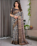 PR Fashion Grey Pure Handloom Linen Saree | Grocsy