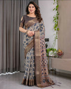 PR Fashion Grey Pure Handloom Linen Saree | Grocsy