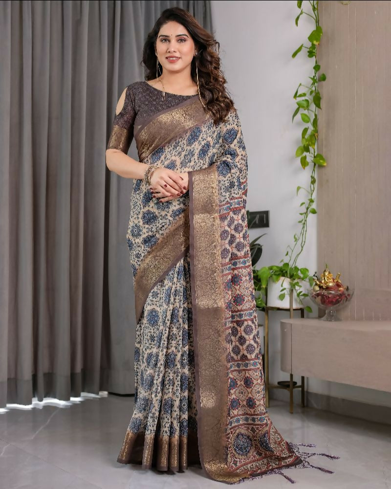 PR Fashion Grey Pure Handloom Linen Saree | Grocsy