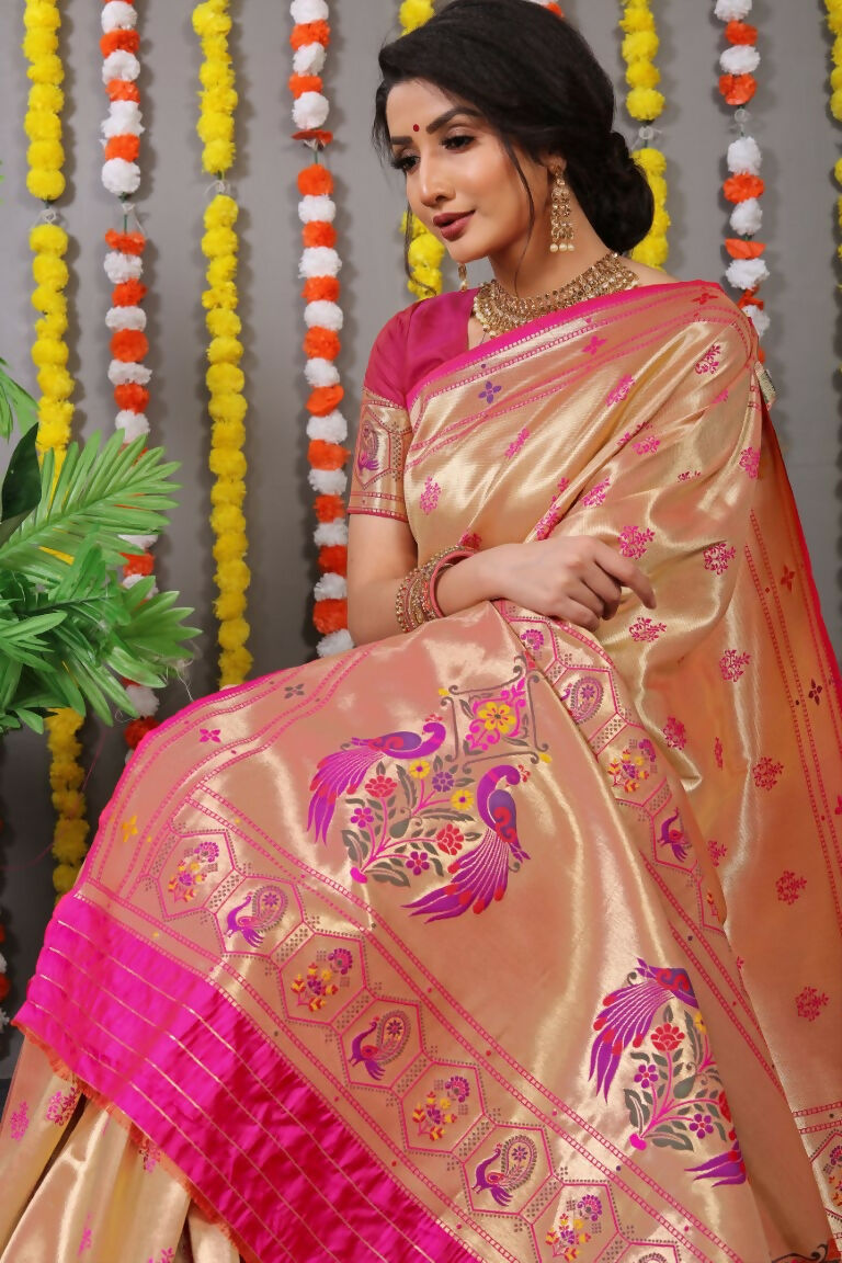 Jyoti Fashion Women's Rani Pink Paithani Silk Zari Woven Saree with Blouse | Grocsy