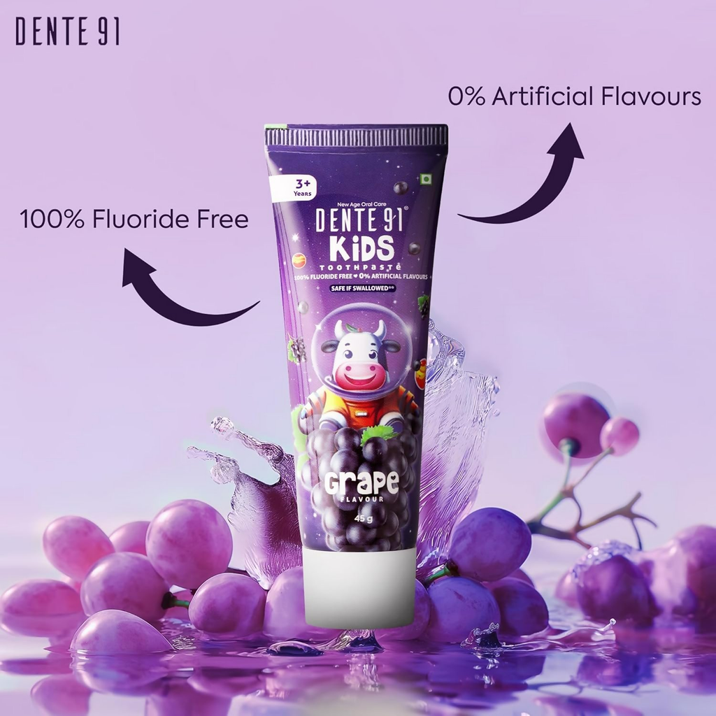 Dente91 Kids Toothpaste Protects Against Dental Caries & Hypersensitivity Fluoride Free Grape Flavour | Grocsy