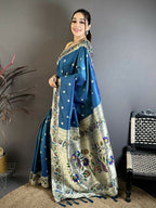 Prime Volt Premium Soft Silk Mayur Paithani Saree with Peacock Meena Weaving & Rich Pallu-Peacock Blue | Grocsy
