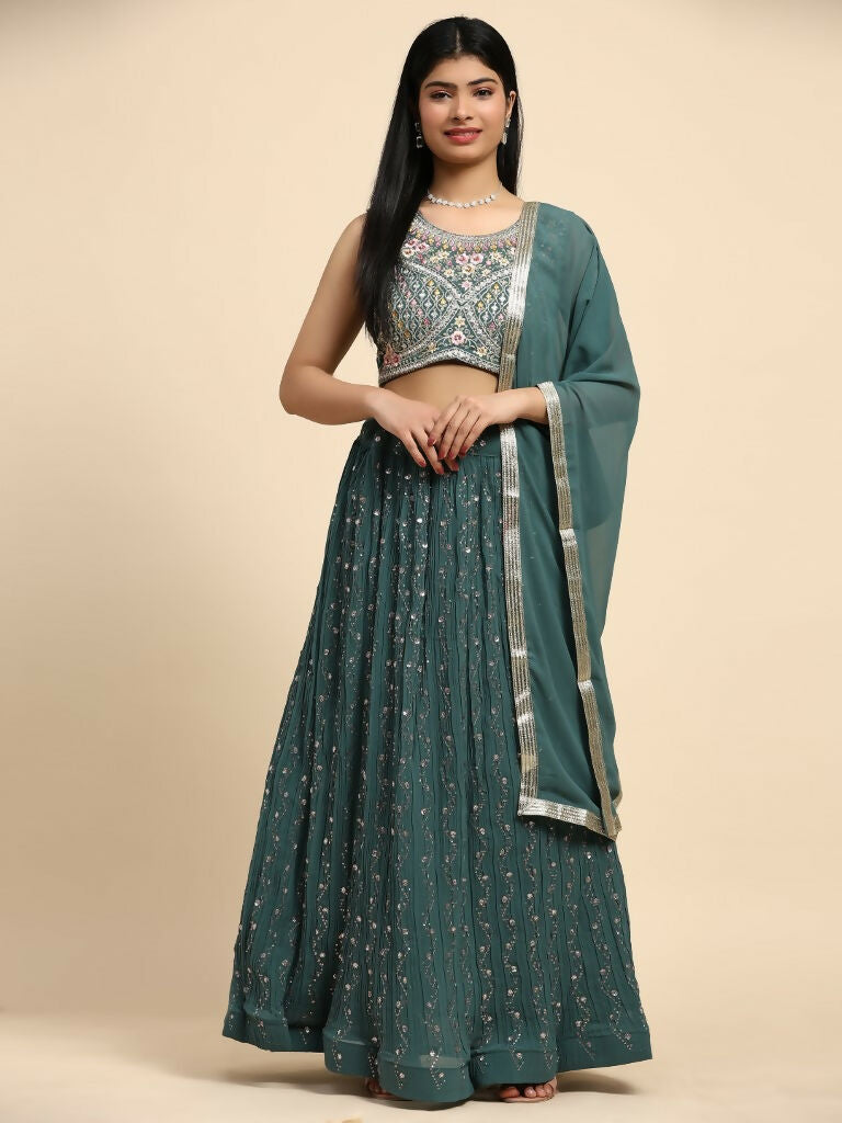 Green Georgette Embroidered Lehenga choli with Dupatta - Dhara | Grocsy