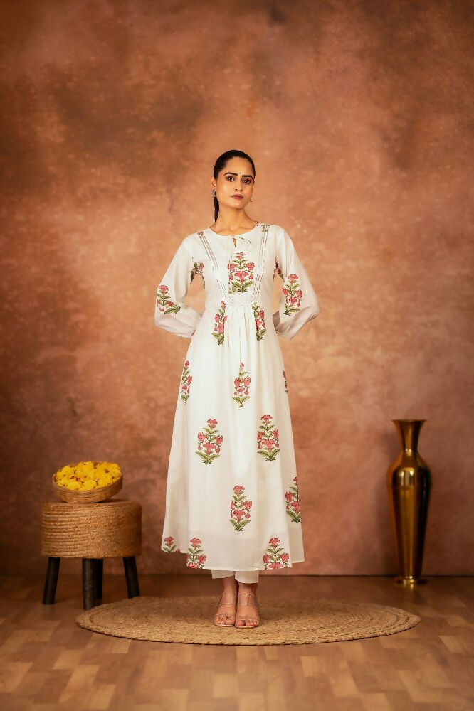 Joban Fashion Off White Pink Floral Hand Block Printed Cotton Kurta Pant Set | Grocsy