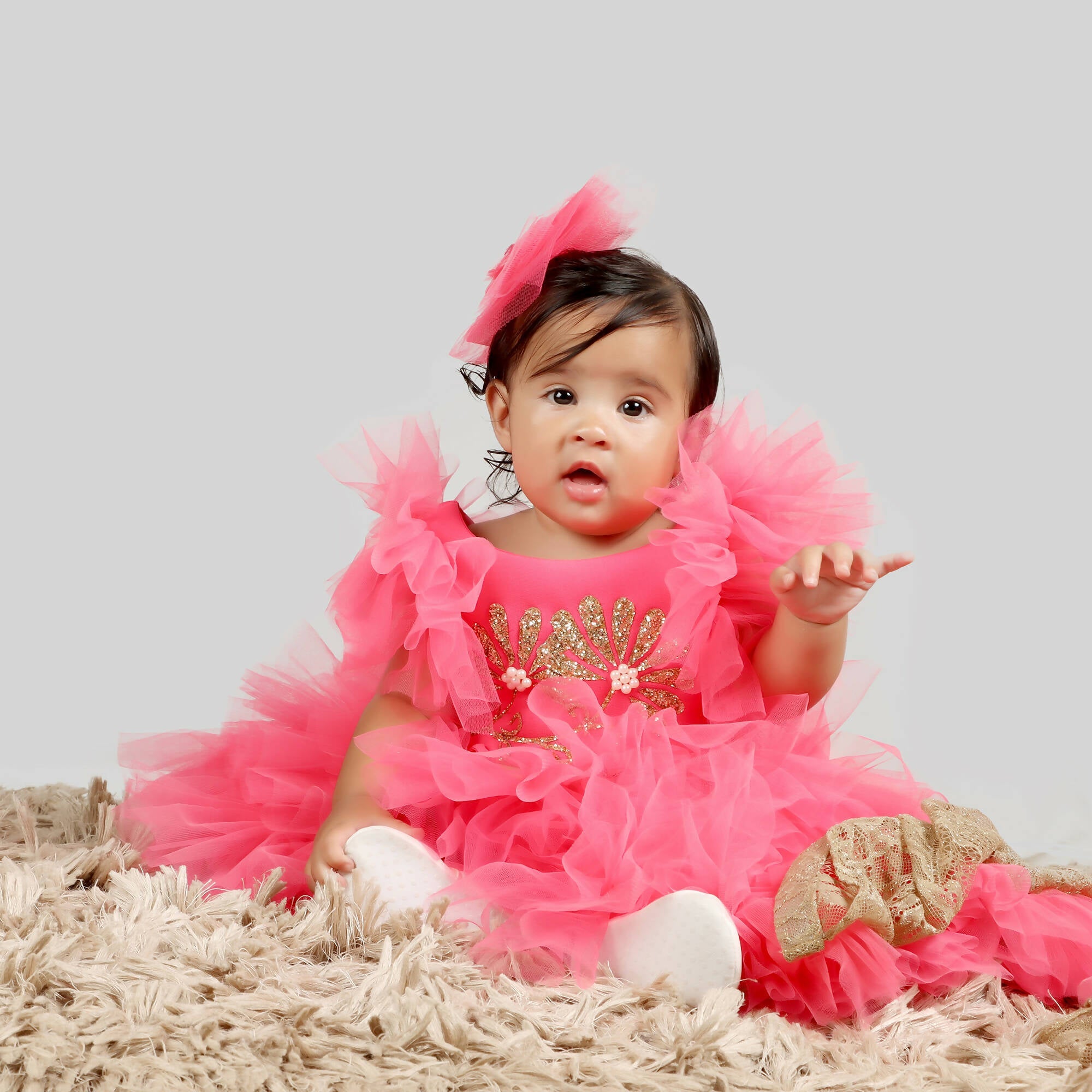 Pink Cow Fashions Pink Gown With Frill Sleeves & Ghera | Grocsy