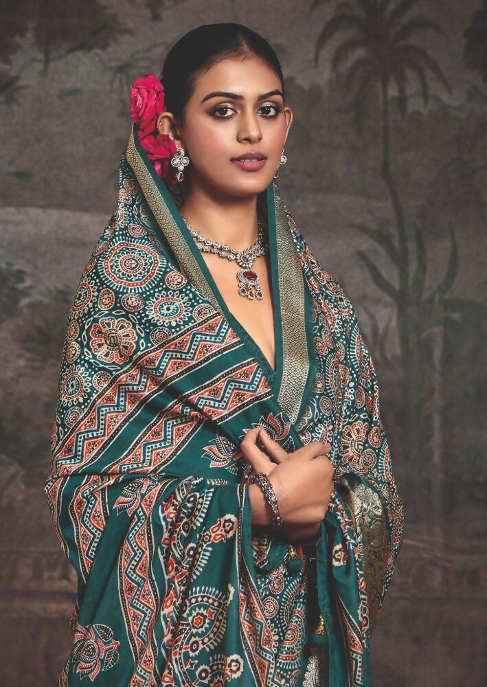 Joban Fashion Rama Green Dola Tussar Silk Self Jacquard Border Saree | Grocsy