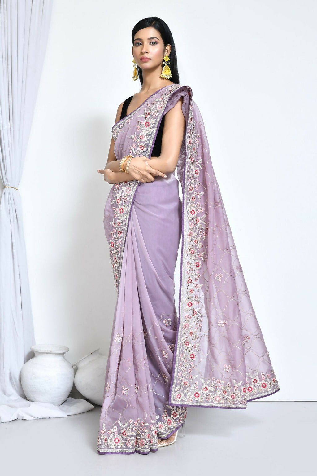 Purple Organza Satin Silk Sequence Embroidered with Stone work Saree - Nimaya Benzy | Grocsy