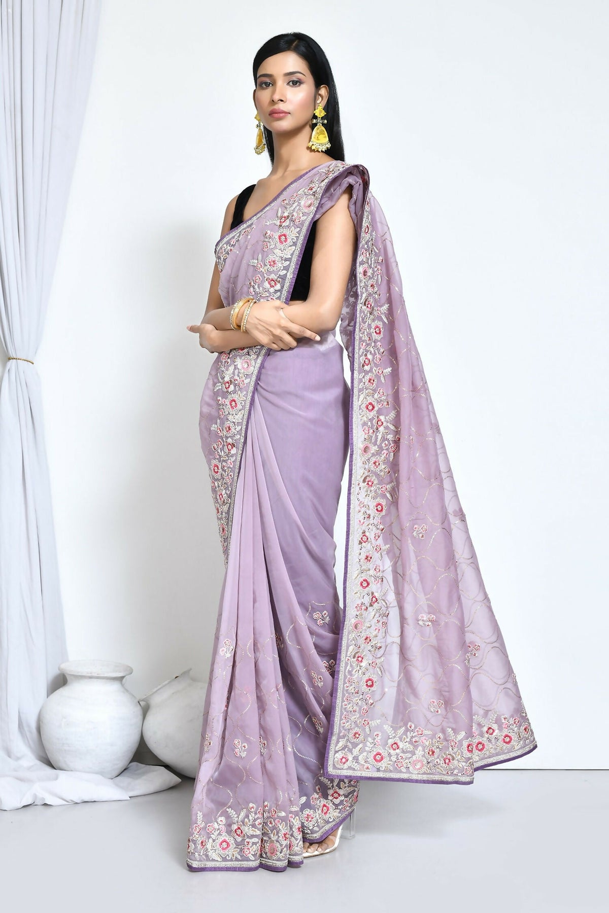 Purple Organza Satin Silk Sequence Embroidered with Stone work Saree - Nimaya Benzy | Grocsy