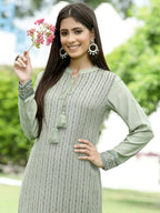 Juniper Green Ethnic Motif Printed Acrylic Straight Kurta. | Grocsy