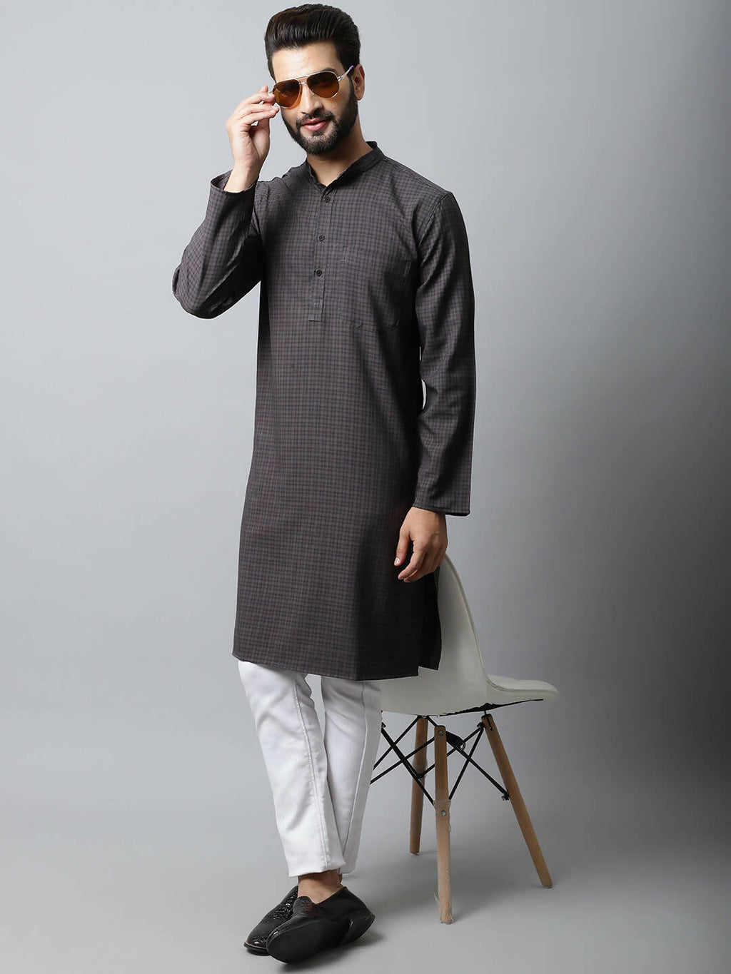 Even Apparels Black Color Pure Cotton Men's Kurta With Band Collar (CHK1166) | Grocsy