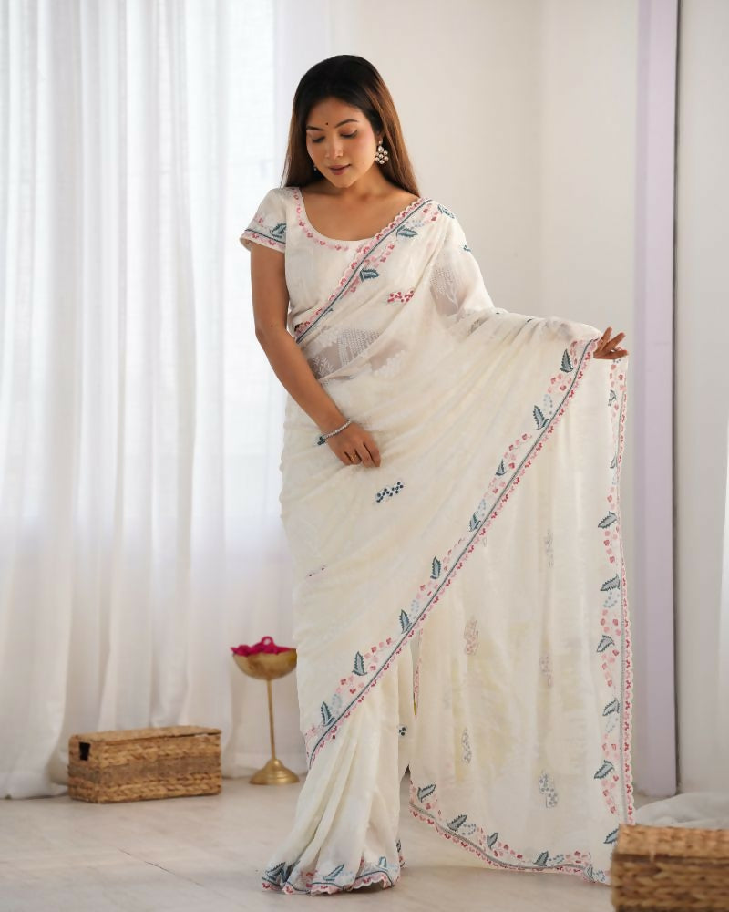 Vamsee Taniya White Silky Crush Saree | Grocsy