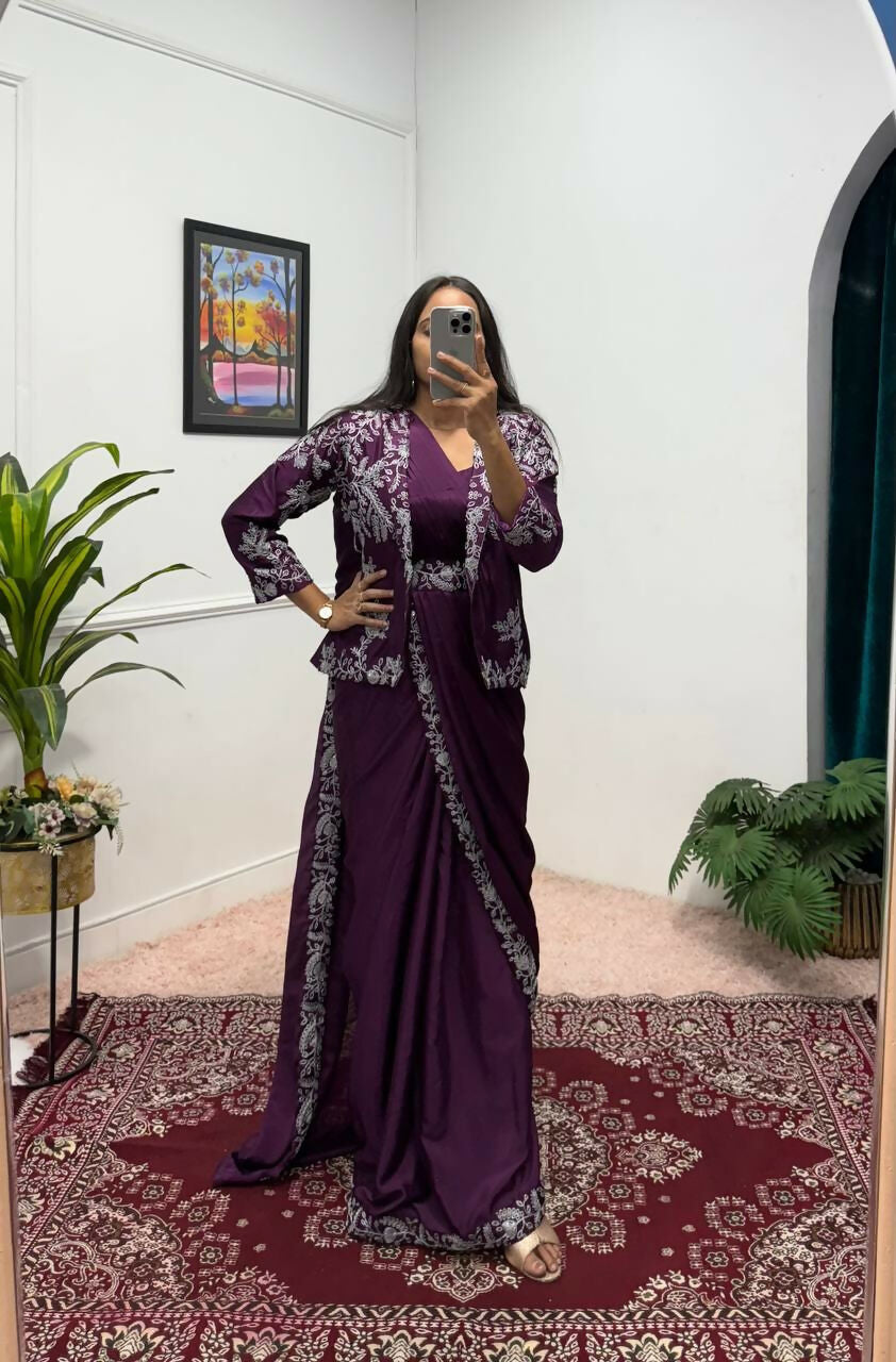 Teeya Creation Wine Color Chinon Silk Wedding Wear Ready To Wear Saree With Koti | Grocsy