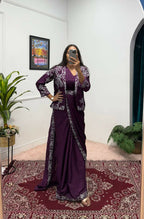Teeya Creation Wine Color Chinon Silk Wedding Wear Ready To Wear Saree With Koti | Grocsy