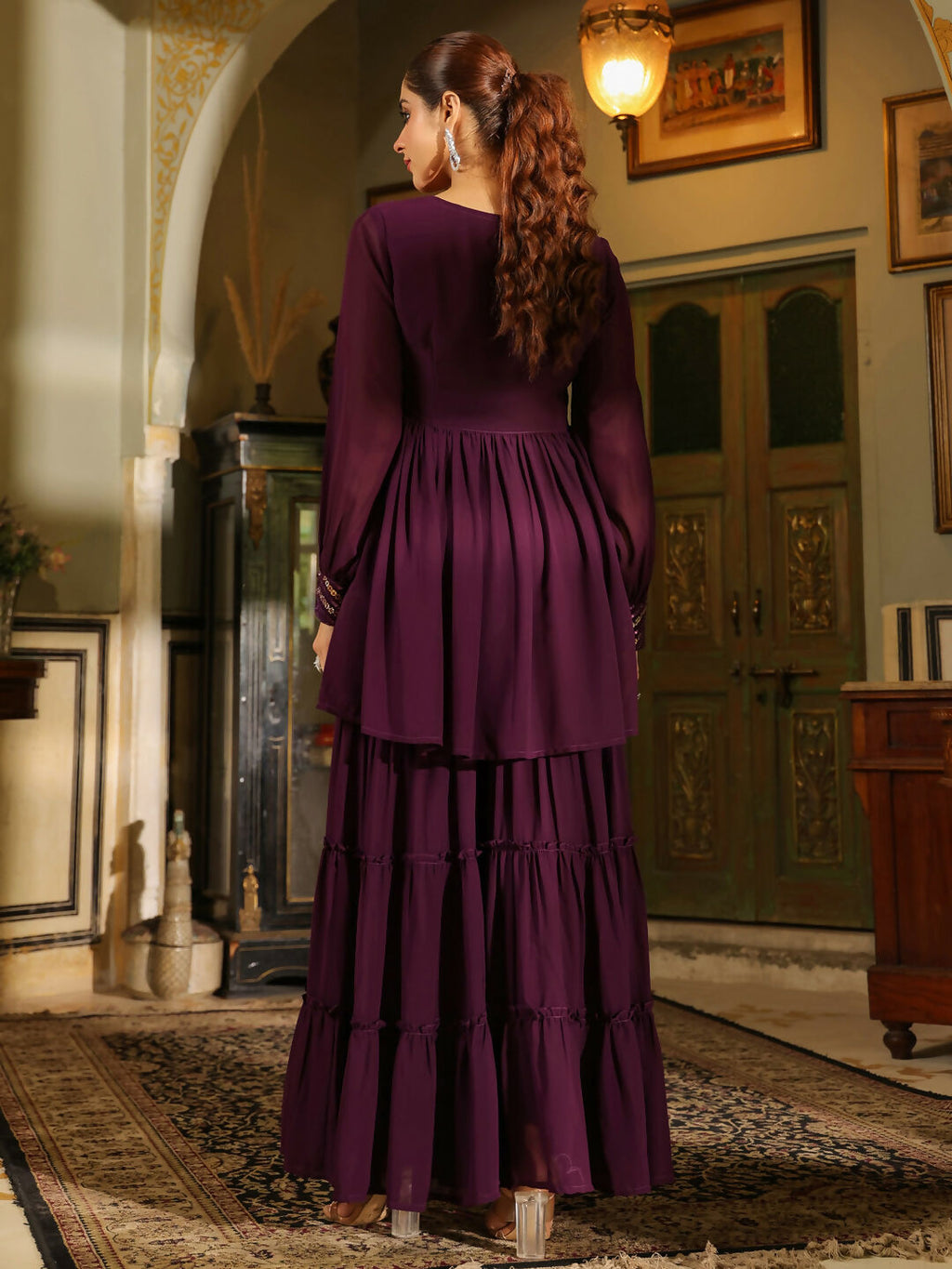 Janasya Purple Georgette Sequined Tunic & Bottom | Grocsy