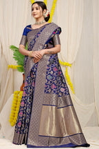 Jyoti Fashion Women's Navy Blue Kanjivaram Silk Zari Woven Saree with Blouse | Grocsy