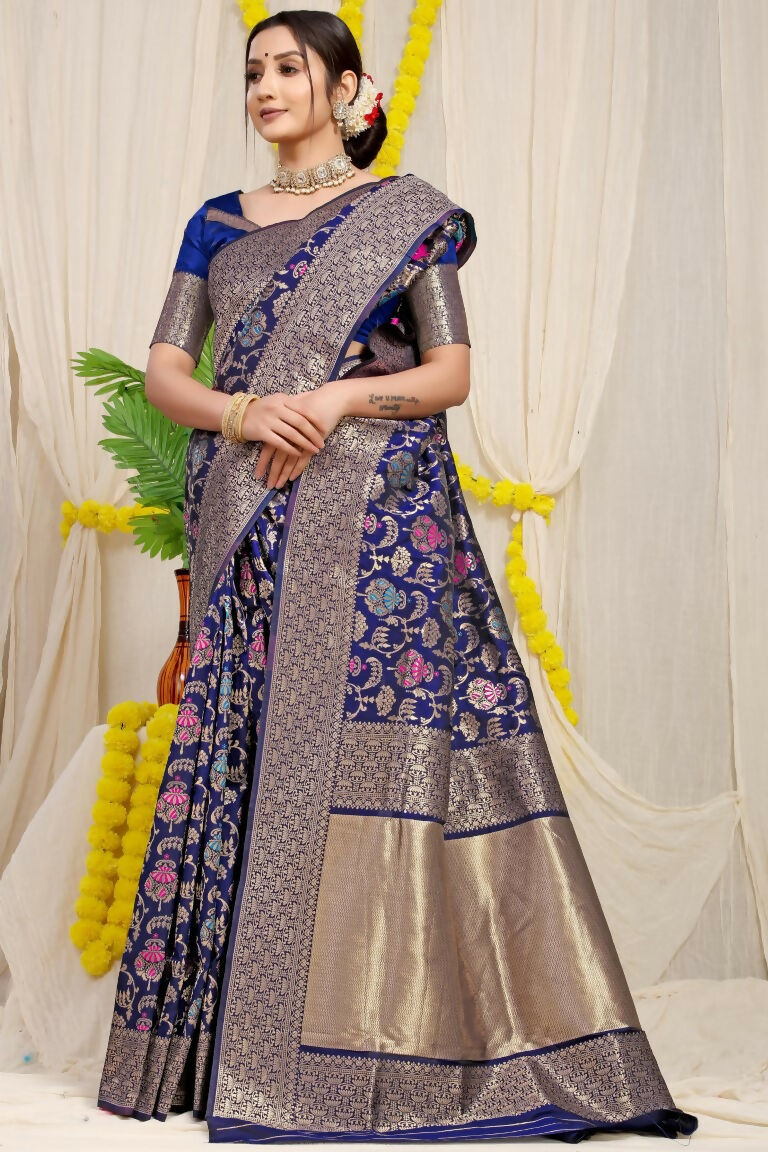 Jyoti Fashion Women's Navy Blue Kanjivaram Silk Zari Woven Saree with Blouse | Grocsy