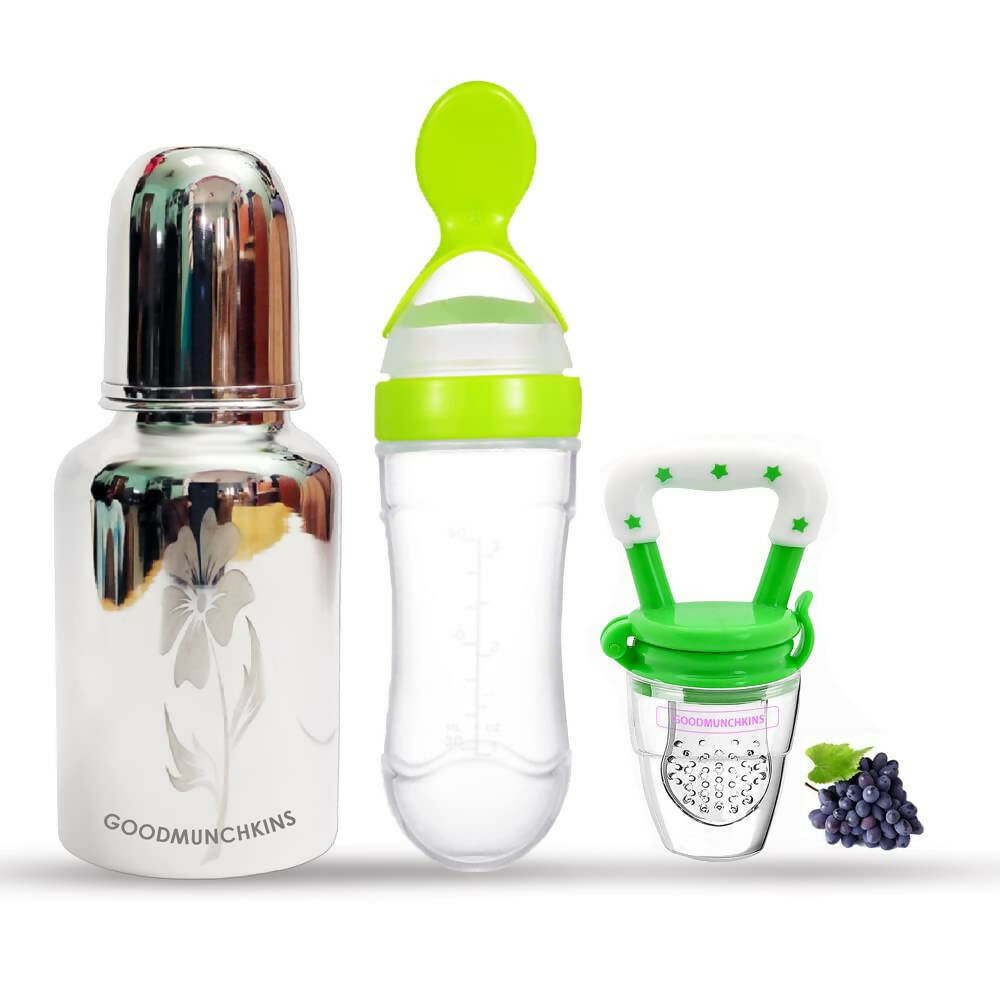 Goodmunchkins Stainless Steel Feeding Bottle, Food Feeder & Fruit Feeder Combo for Baby-(Green-Green, 300ml) | Grocsy