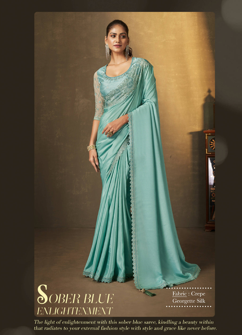 Light Blue Crepe Georgette Silk Embroidered with Swaroski Work Saree With Unstitched Blouse Piece - Norita Royal Erisha | Grocsy