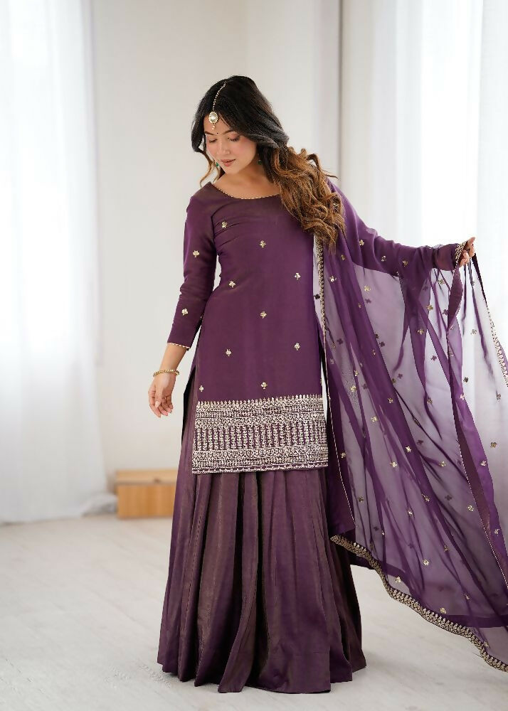 Teeya Creation Wine Color Roman Shimmer Silk Party Wear Palazzo Set | Grocsy