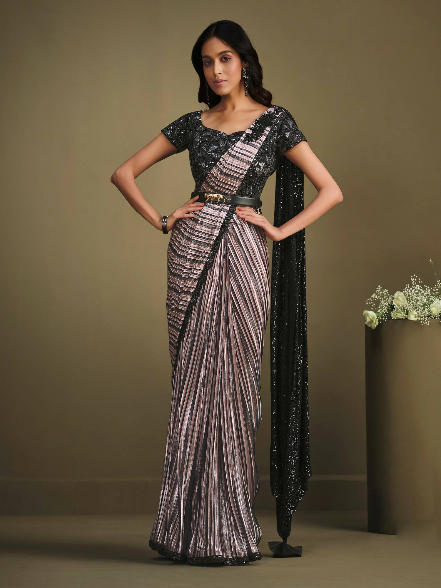Lavendor Modern Value Sequence Embroidered Saree With Stitched Blouse - Mohmanthan La Belle | Grocsy