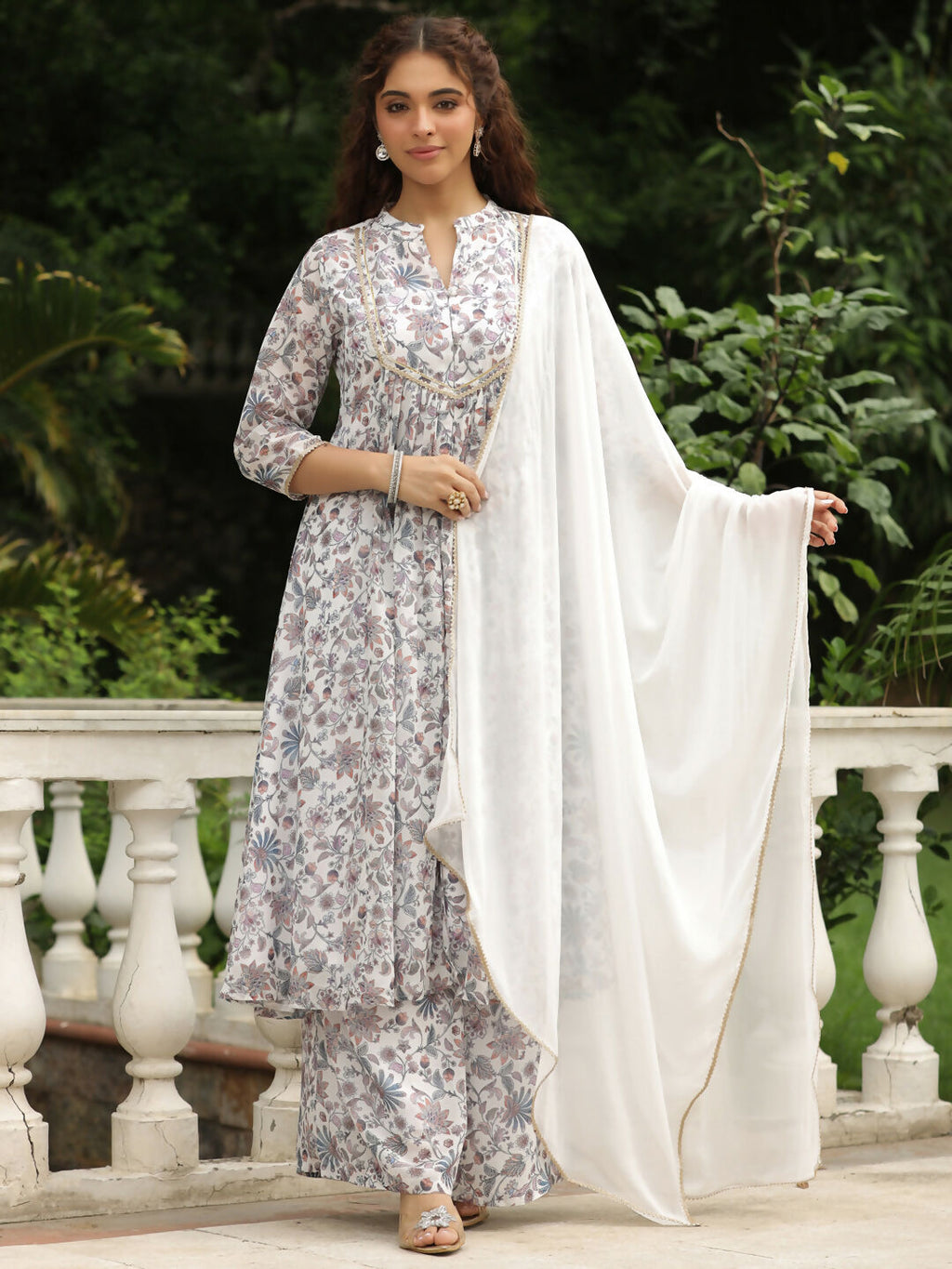 Janasya White Georgette Floral Kurta,Bottom & Dupatta | Grocsy