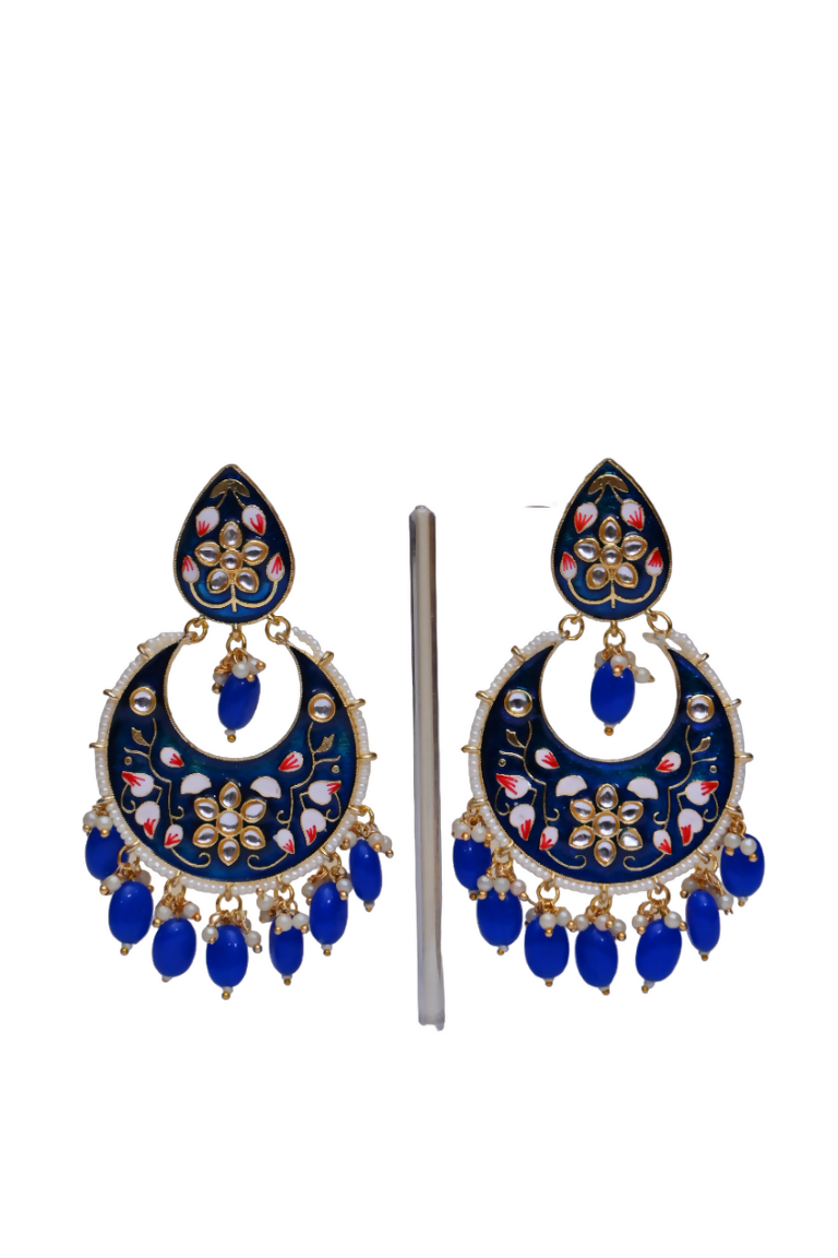 Royal Blue Gold-Polished Brass & Pearl Dangle Women Earrings| Hand Painted Meenakari Chandbali Traditional Ethnic Wear Earrings By House of Ree - Swadesiicart